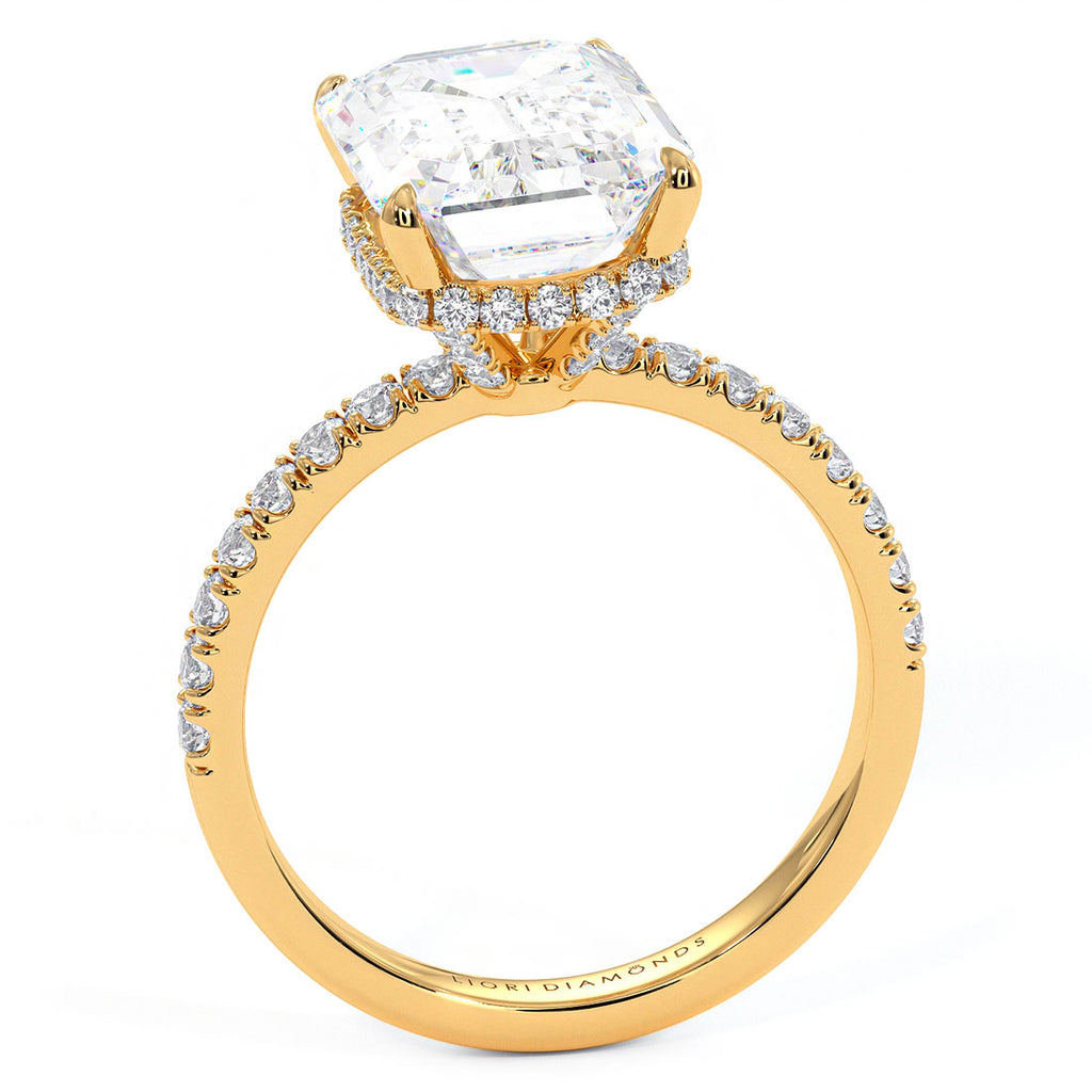 4.83ctw GIA Certified E-VS1 Emerald Cut Under Halo Petite Micropavé Lab Grown Diamond Engagement Ring set in 14k Yellow Gold