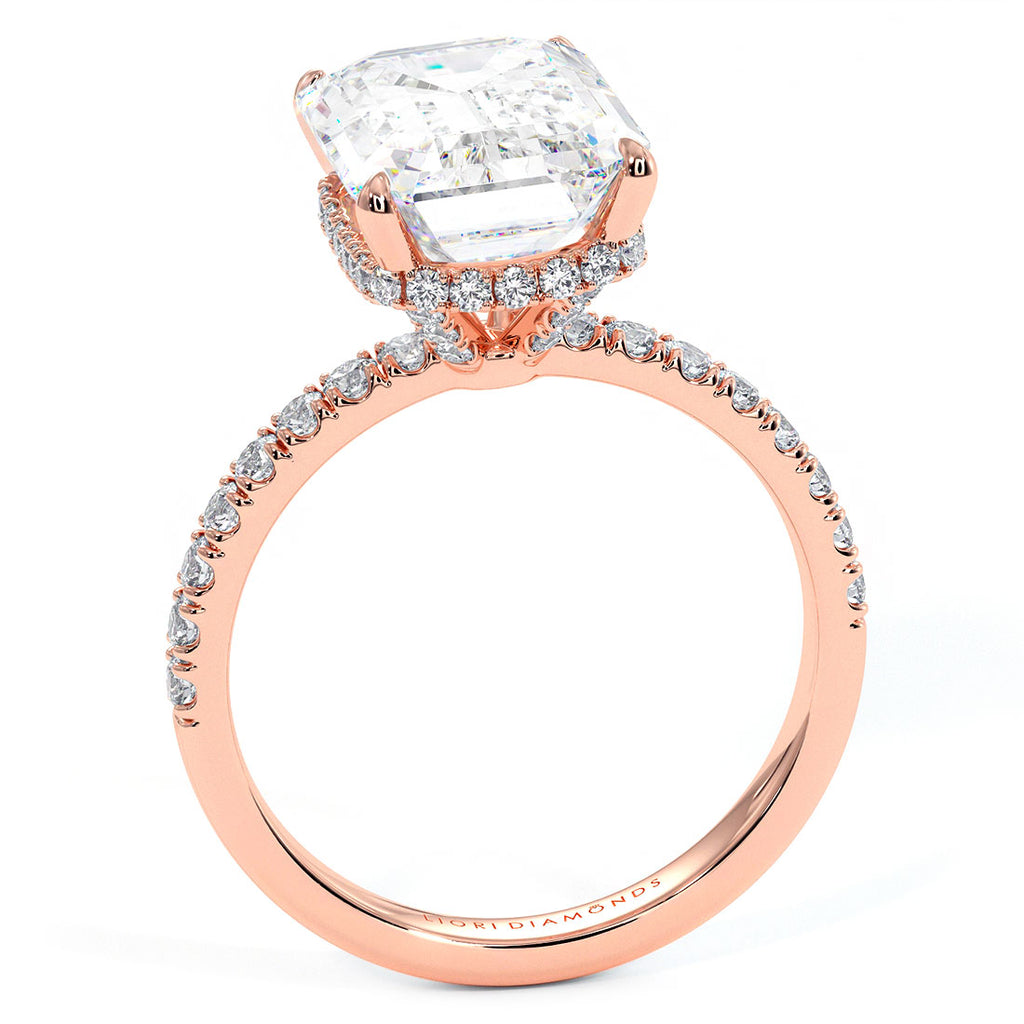 4.83ctw GIA Certified E-VS1 Emerald Cut Under Halo Petite Micropavé Lab Grown Diamond Engagement Ring set in 14k Rose Gold