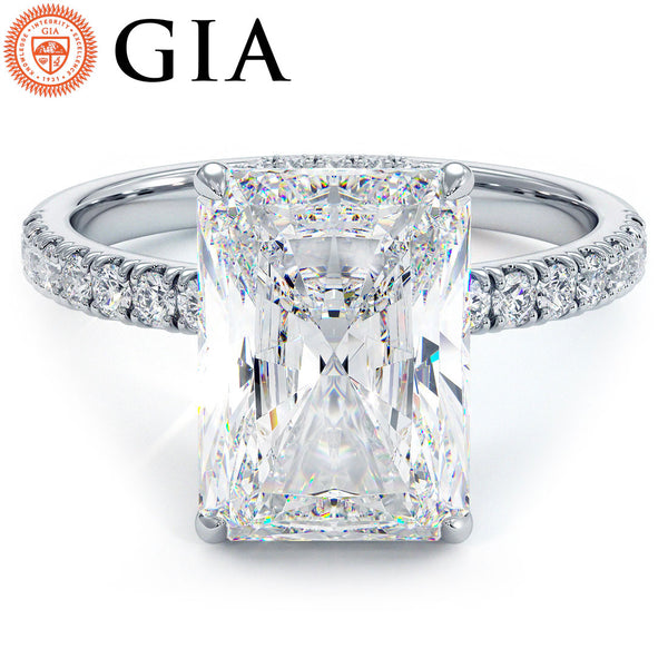 4.83ctw GIA Certified E-VVS2 Radiant Cut Under Halo Petite Micropavé Lab Grown Diamond Engagement Ring set in 14k White Gold