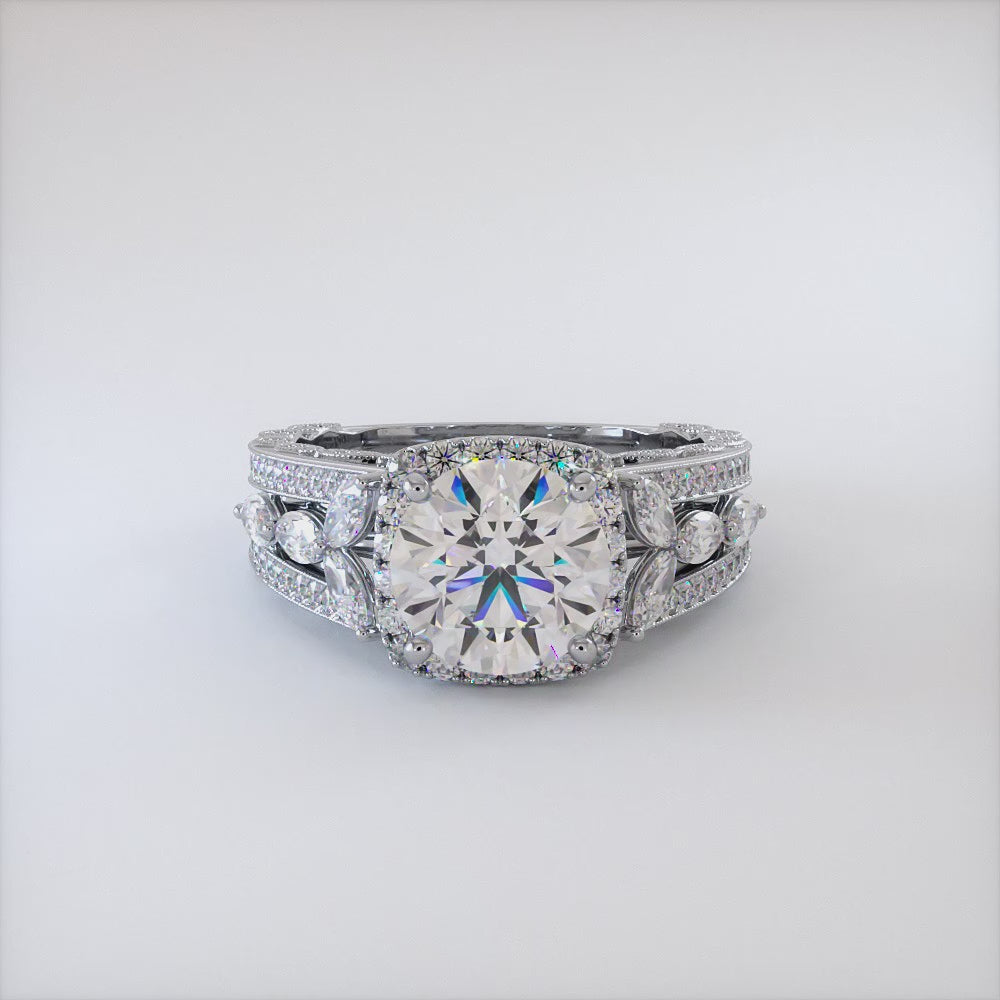 2 Carat Round Brilliant Micropavé Halo Vintage Style Milgrain
