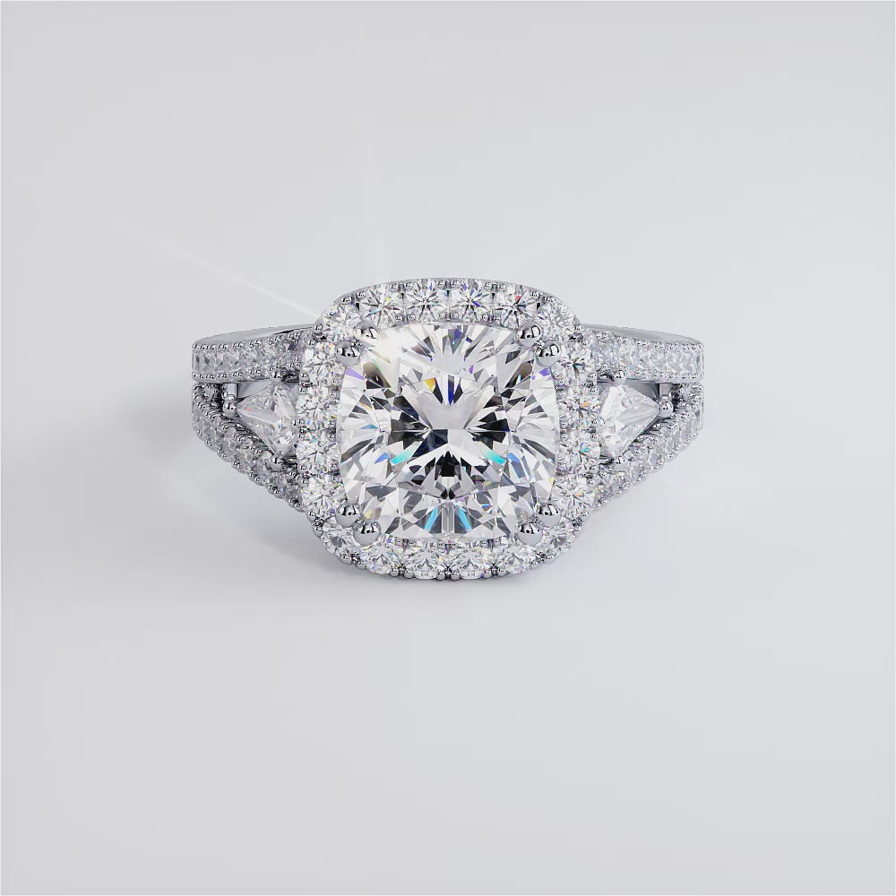 2.5 Carat Cushion Cut Three Stone Micropavé Split Shank