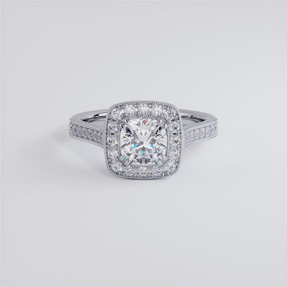 1.5 Carat Cushion Cut Micropavé Halo Milgrain