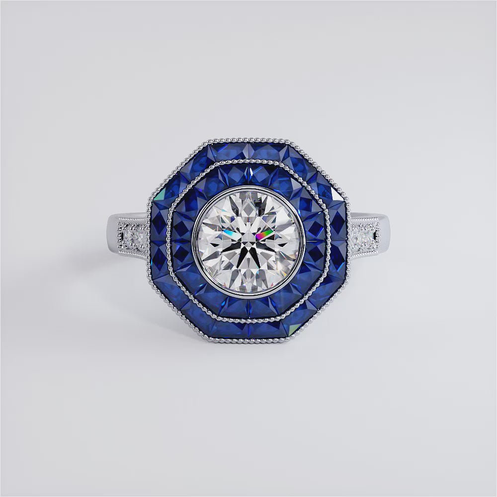 1 Carat Round Brilliant Antique Art Deco Sapphire & Diamond