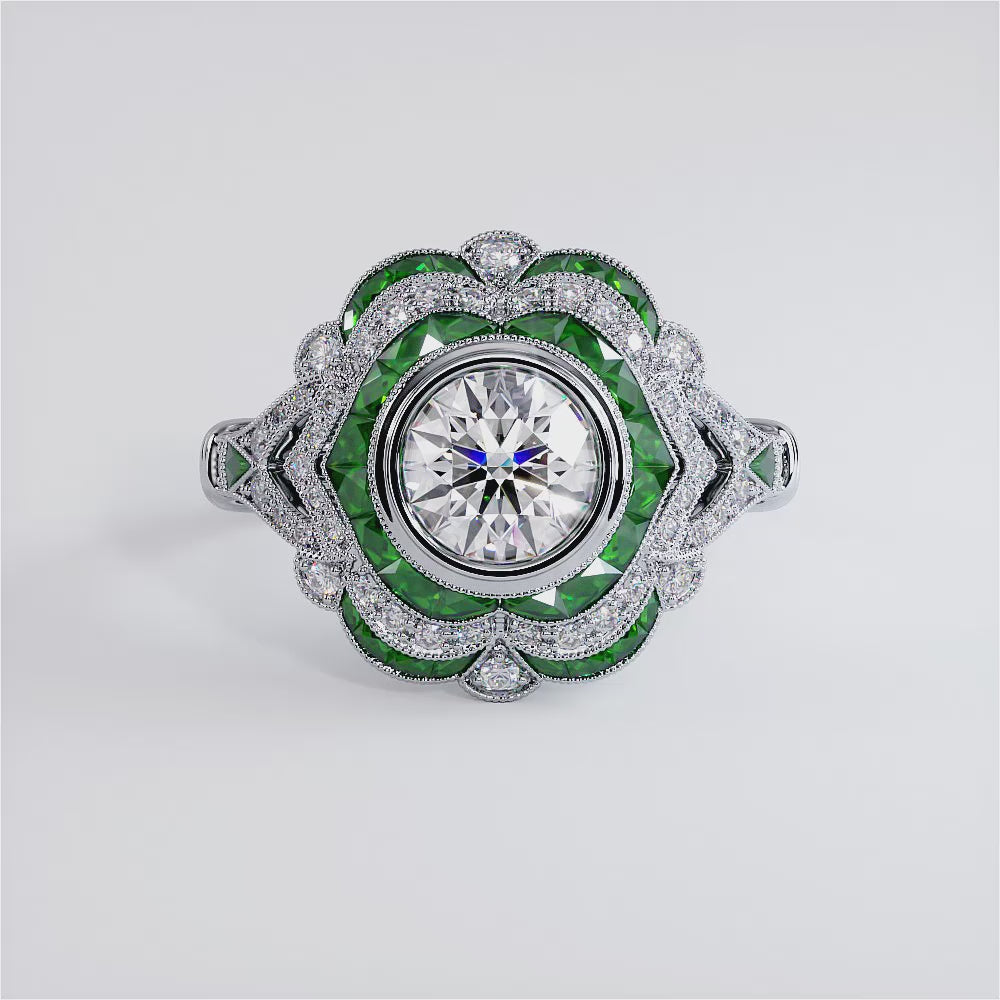 1 Carat Round Brilliant Antique Art Deco Emerald & Diamond