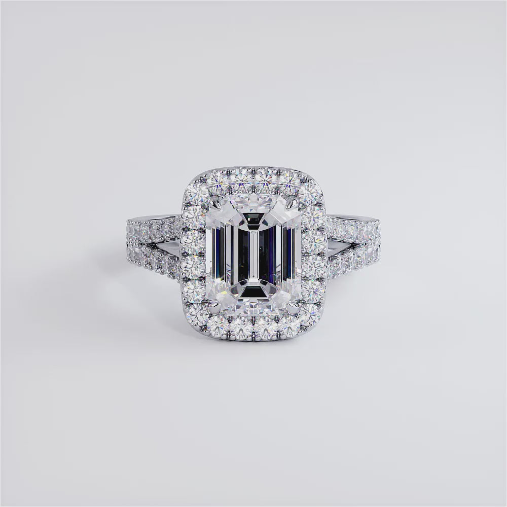 3 Carat Emerald Cut French Cut Halo Split Shank