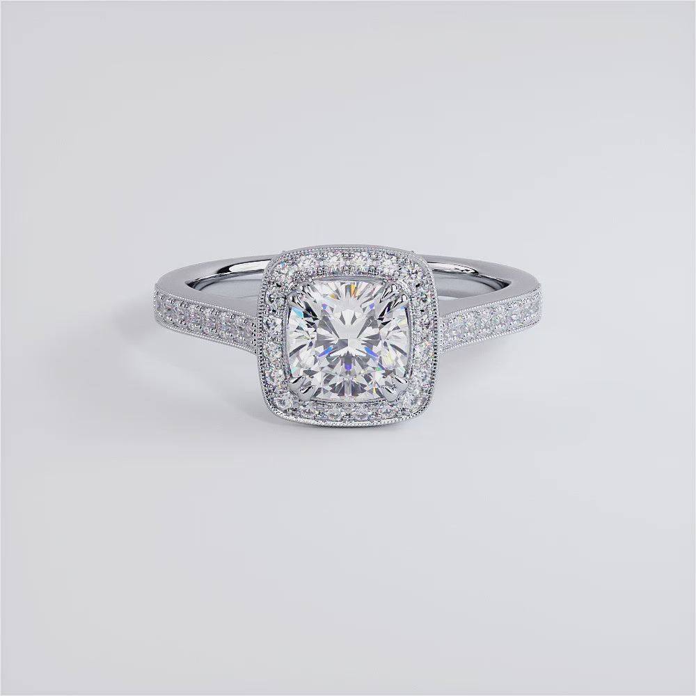 1.5 Carat Cushion Cut Micropavé Halo Milgrain