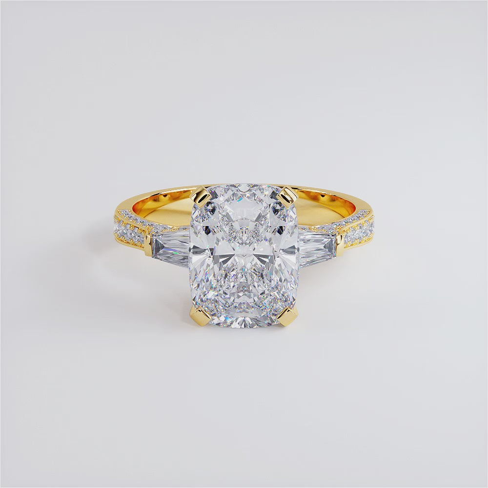 3 Carat Cushion Cut (Long) & Tapered Baguette Three Stone Micropavé