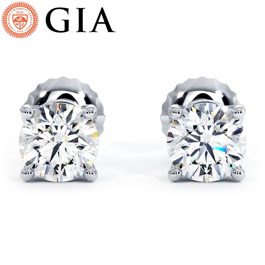 2.00ctw GIA Certified Round Brilliant Diamond Studs Earrings Basket Set in 14k White Gold