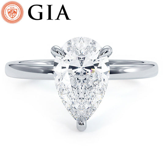 1.56ct GIA Certified Pear Shape Petite Wire Basket Solitaire Lab Grown Diamond Engagement Ring set in 14k White Gold