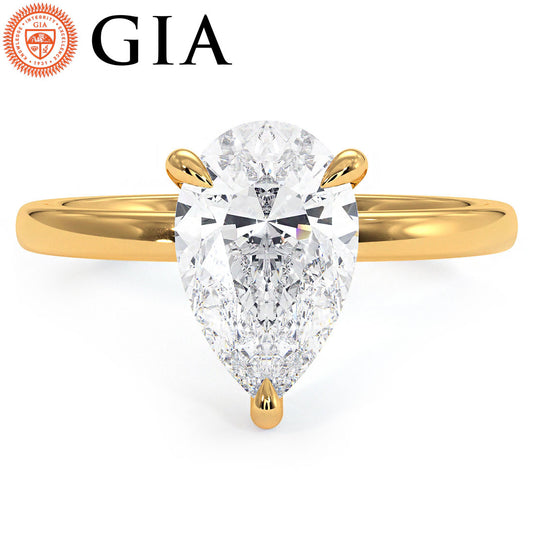 1.56ct GIA Certified Pear Shape Petite Wire Basket Solitaire Lab Grown Diamond Engagement Ring set in 14k Yellow Gold