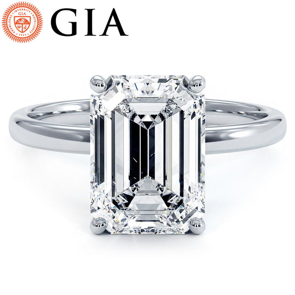 3.05ctw GIA Certified Emerald Cut Petite Wire Basket Solitaire Lab Grown Diamond Engagement Ring set in 14k White Gold
