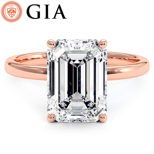 3.05ctw GIA Certified Emerald Cut Petite Wire Basket Solitaire Lab Grown Diamond Engagement Ring set in 14k Rose Gold