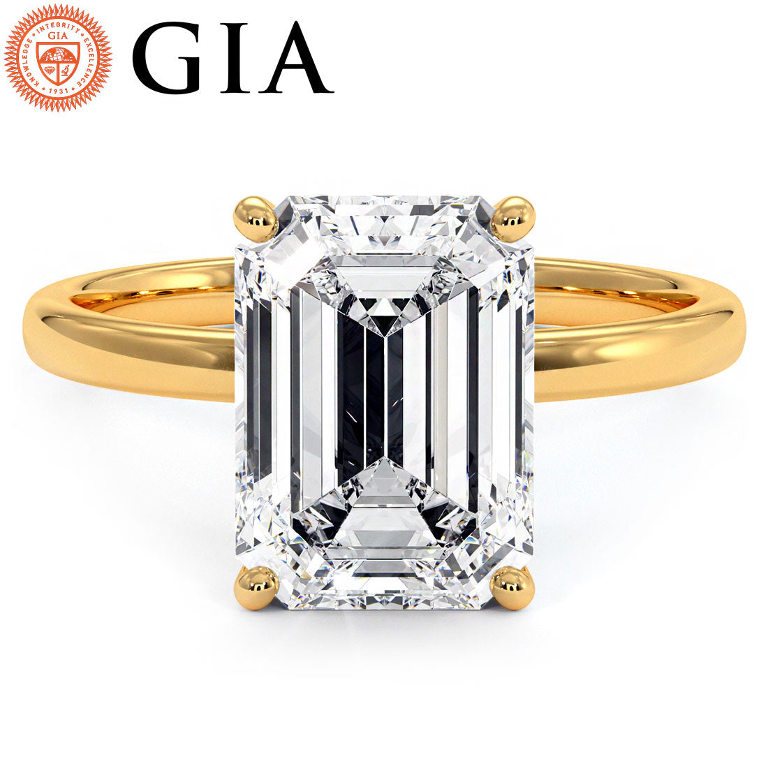 3.05ctw GIA Certified Emerald Cut Petite Wire Basket Solitaire Lab Grown Diamond Engagement Ring set in 14k Yellow Gold