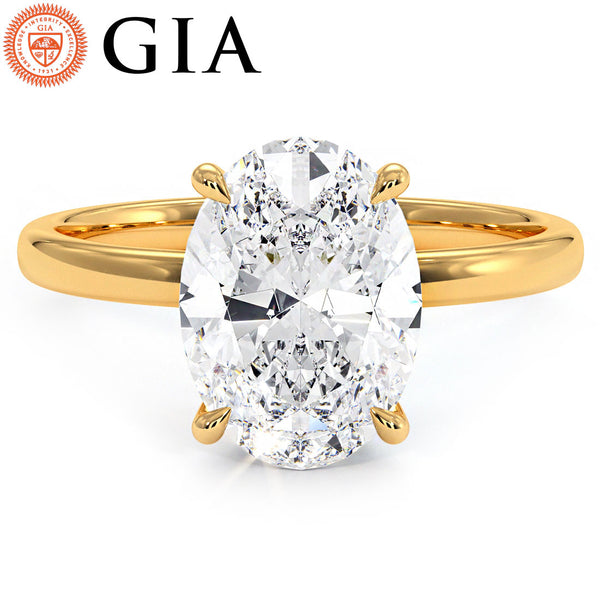 2.64ct GIA Certified Oval Cut Petite Wire Solitaire Lab Grown Diamond Engagement Ring set in 14k Yellow Gold