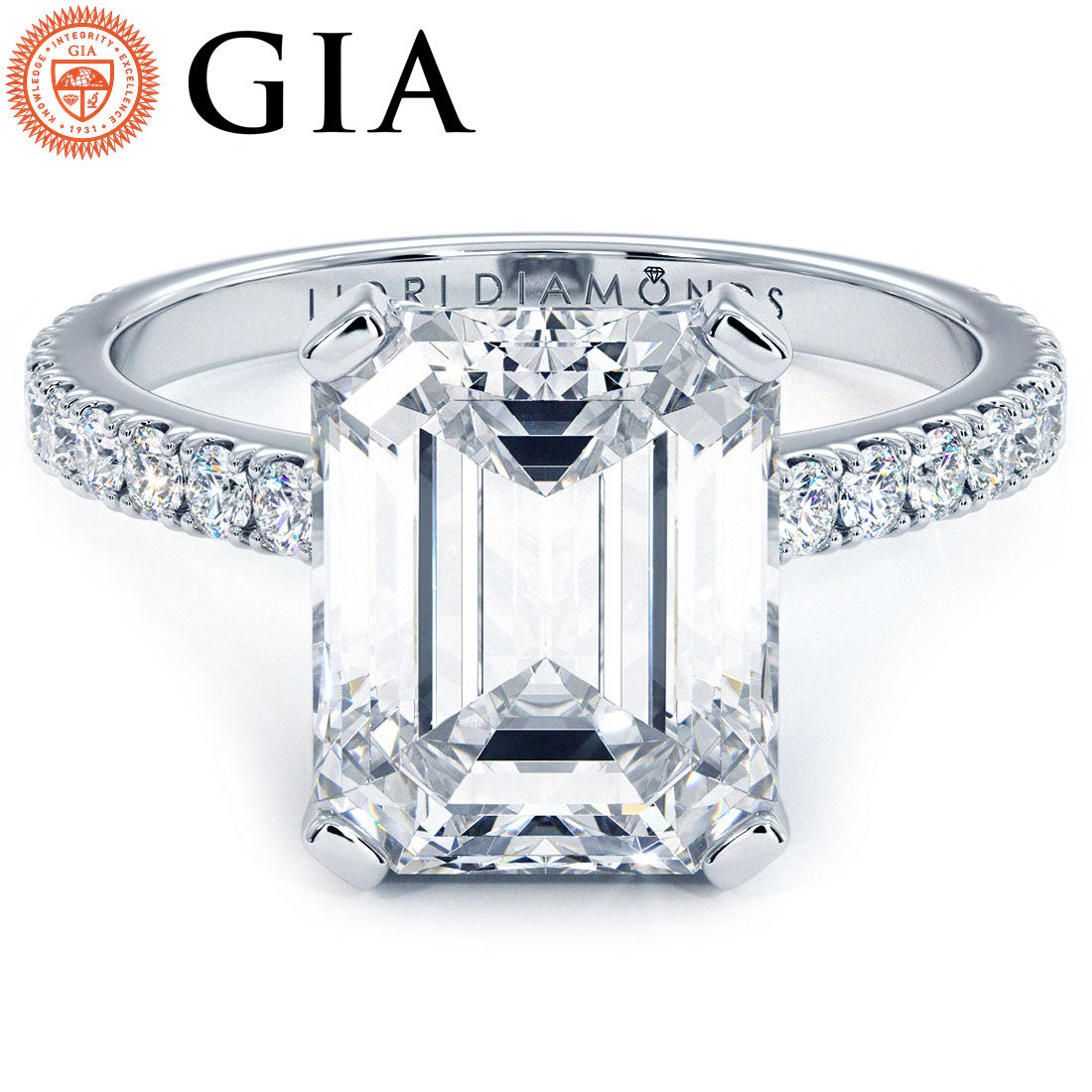 4.65ctw GIA Certified F-VS1 Emerald Petite Micro Prong Set Lab Grown Diamond Engagement Ring set in 18k White Gold