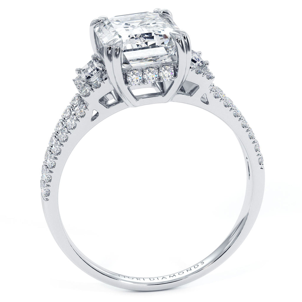 2.20ctw GIA Certified G-VS1 Emerald Cut Three Stone Micropavé Split Shank Lab Grown Diamond Engagement Ring set in 18k White Gold