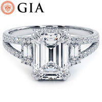 2.20ctw GIA Certified G-VS1 Emerald Cut Three Stone Micropavé Split Shank Lab Grown Diamond Engagement Ring set in 18k White Gold