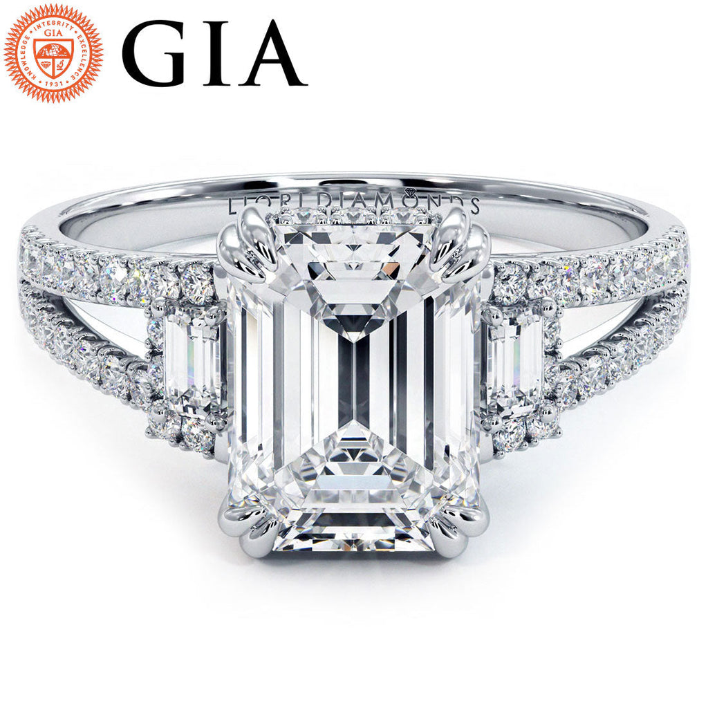 2.20ctw GIA Certified G-VS1 Emerald Cut Three Stone Micropavé Split Shank Lab Grown Diamond Engagement Ring set in 18k White Gold