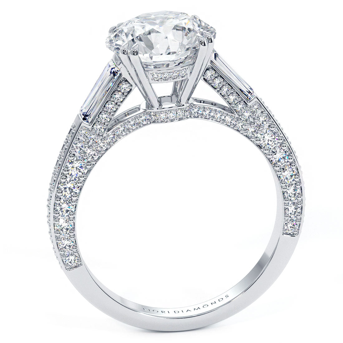 3 Carat Round Brilliant & Tapered Baguette Three Stone Micropavé