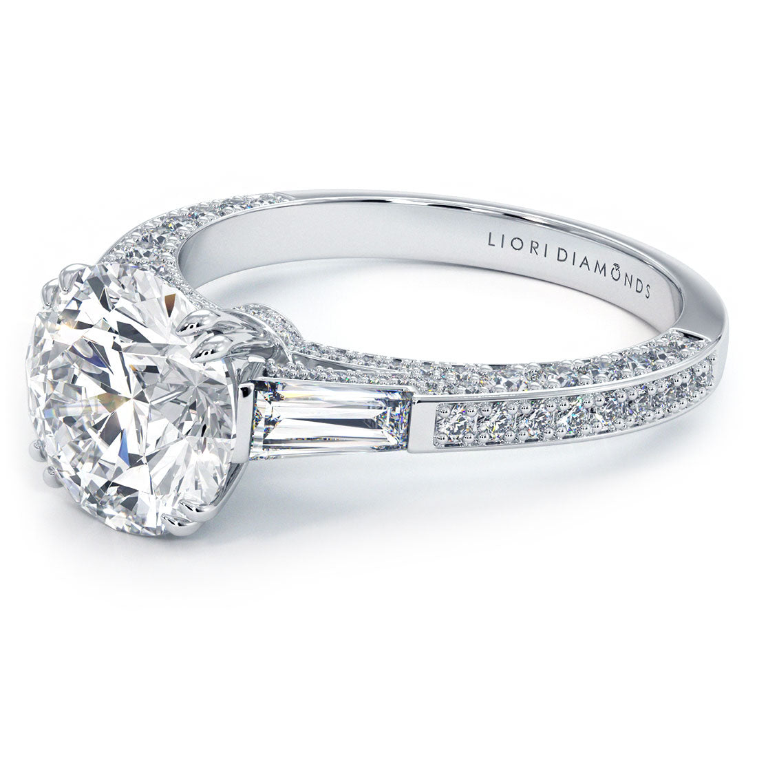 3 Carat Round Brilliant & Tapered Baguette Three Stone Micropavé