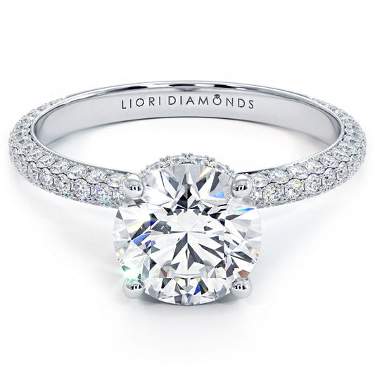2.30ctw Round Brilliant Under Halo Trio Micropavé Lab Grown Diamond Engagement Ring set in 18k White Gold