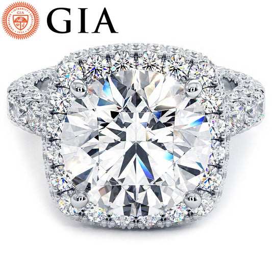 6.71ctw GIA Certified Round Brilliant Halo 3D Micropavé Shank Lab Grown Diamond Engagement Ring 18k White Gold