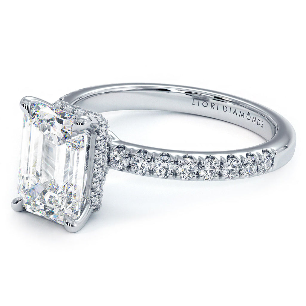 2.55ctw GIA Certified G-VS2 Emerald Cut Under Halo Petite Micropavé Lab Grown Diamond Engagement Ring set in 14k White Gold
