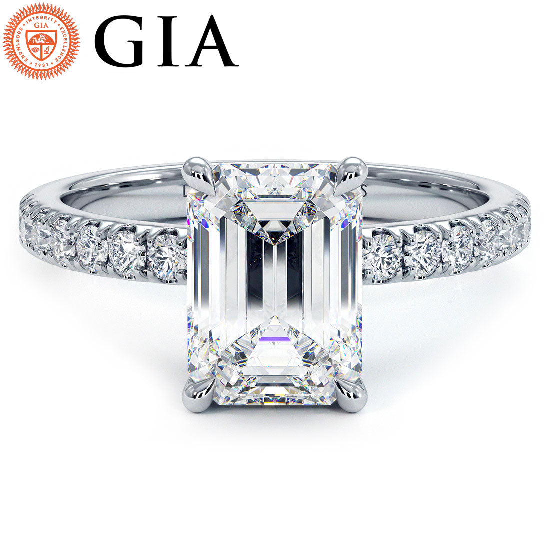 2.48ctw GIA Certified D-VS1 Emerald Cut Under Halo Petite Micropavé Lab Grown Diamond Engagement Ring set in 14k White Gold