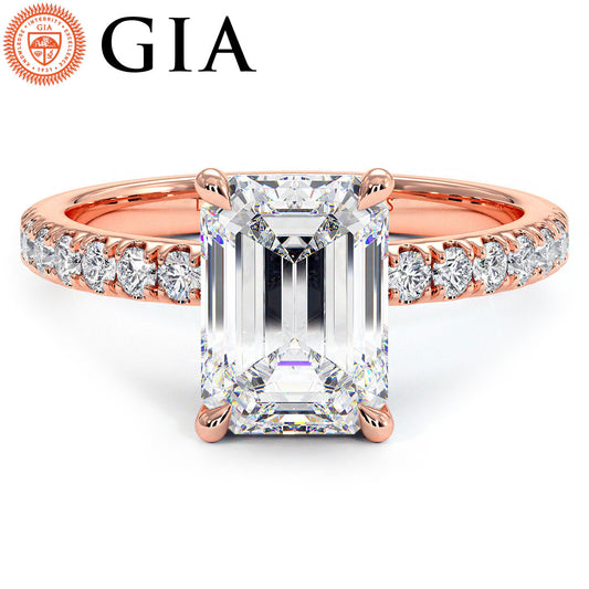 2.47ctw GIA Certified D-VS1 Emerald Cut Under Halo Petite Micropavé Lab Grown Diamond Engagement Ring set in 14k Rose Gold