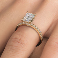 2.48ctw GIA Certified D-VS1 Emerald Cut Under Halo Petite Micropavé Lab Grown Diamond Engagement Ring set in 14k Yellow Gold