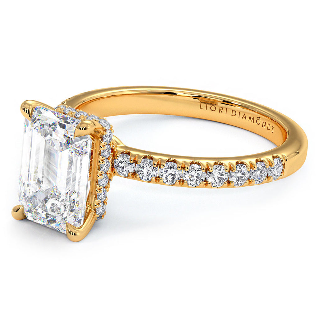 2.48ctw GIA Certified D-VS1 Emerald Cut Under Halo Petite Micropavé Lab Grown Diamond Engagement Ring set in 14k Yellow Gold