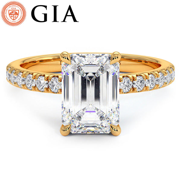 2.47ctw GIA Certified D-VS1 Emerald Cut Under Halo Petite Micropavé Lab Grown Diamond Engagement Ring set in 14k Yellow Gold
