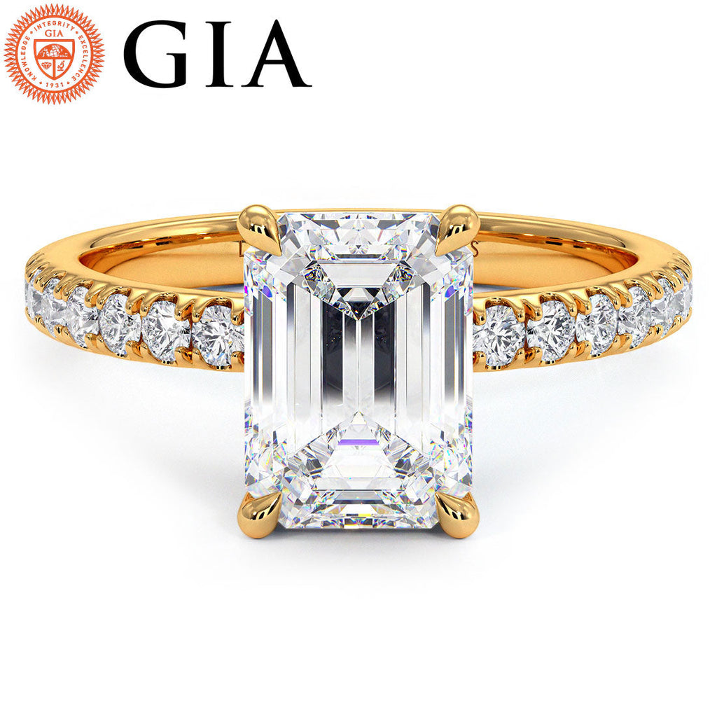 2.50ctw GIA Certified G-VS1 Emerald Cut Under Halo Petite Micropavé Lab Grown Diamond Engagement Ring set in 14k Yellow Gold