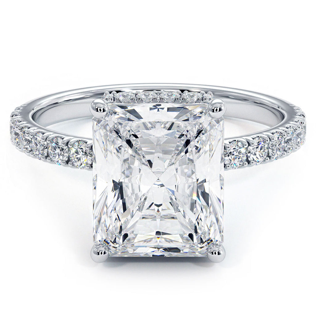 4.24 Carat F-SI1 Radiant Cut Under Halo Petite Micropavé Diamond Engagement Ring set in 14k White Gold