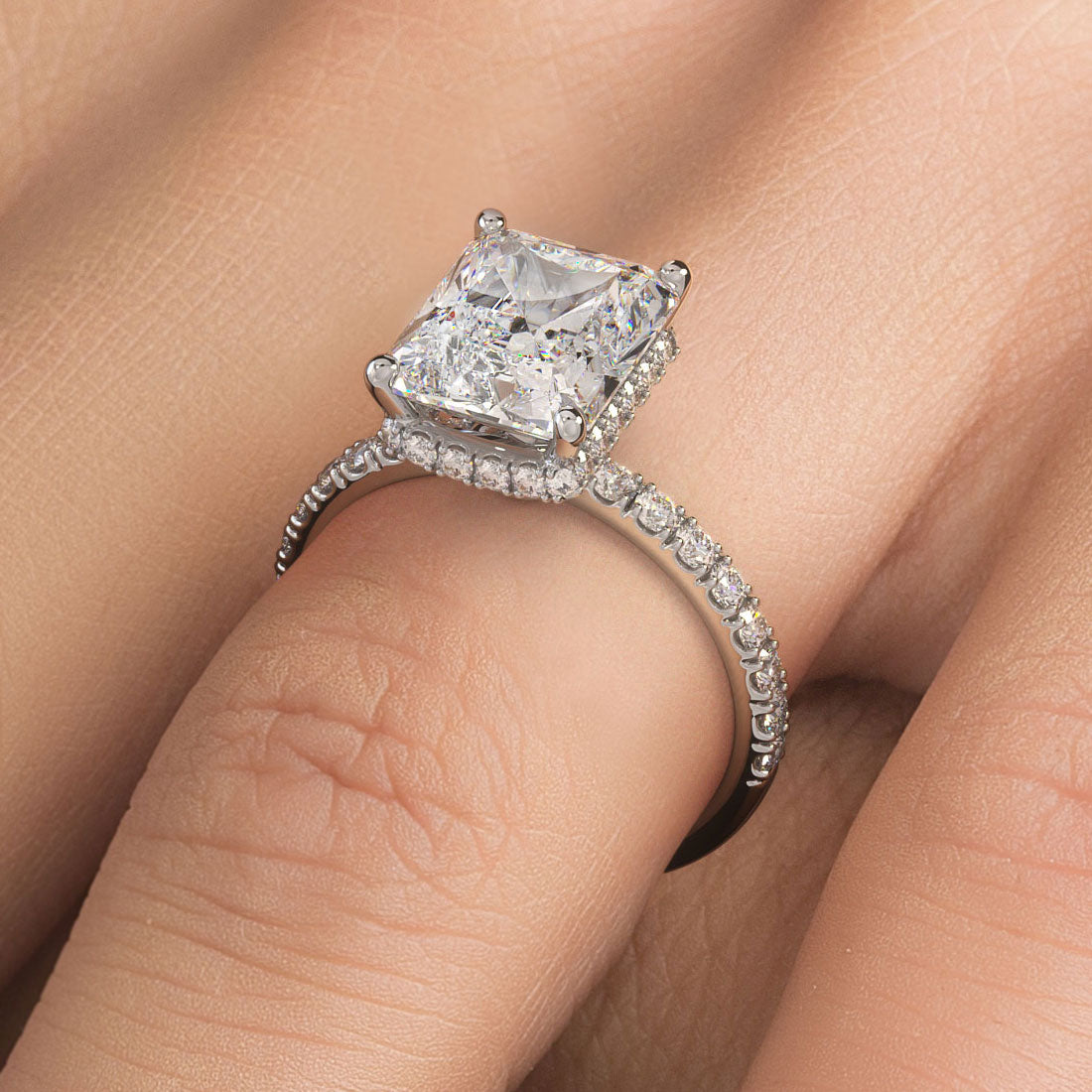 4.24 Carat F-SI1 Radiant Cut Under Halo Petite Micropavé Diamond Engagement Ring set in 14k White Gold