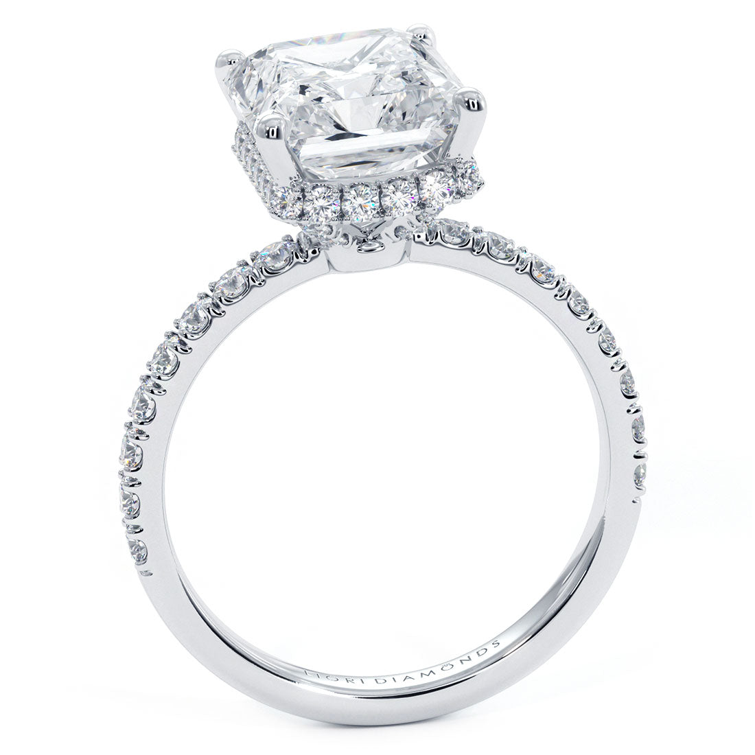 4.24 Carat F-SI1 Radiant Cut Under Halo Petite Micropavé Diamond Engagement Ring set in 14k White Gold