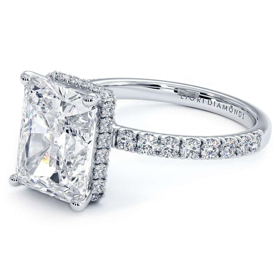 4.24 Carat F-SI1 Radiant Cut Under Halo Petite Micropavé Diamond Engagement Ring set in 14k White Gold