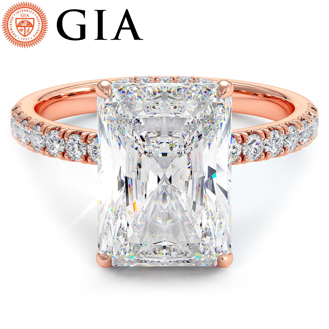 4.83ctw GIA Certified E-VVS2 Radiant Cut Under Halo Petite Micropavé Lab Grown Diamond Engagement Ring set in 14k Rose Gold