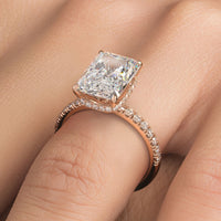 4.85ctw GIA Certified F-VVS1 Radiant Cut Under Halo Petite Micropavé Lab Grown Diamond Engagement Ring set in 14k Rose Gold