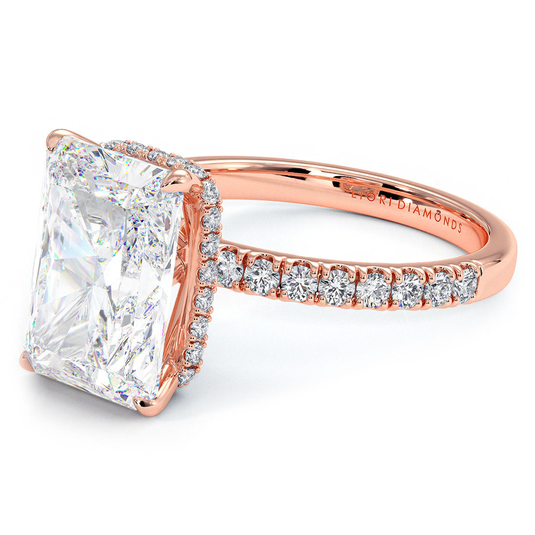 4.85ctw GIA Certified F-VVS1 Radiant Cut Under Halo Petite Micropavé Lab Grown Diamond Engagement Ring set in 14k Rose Gold