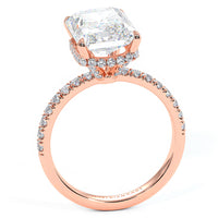 4.85ctw GIA Certified F-VVS1 Radiant Cut Under Halo Petite Micropavé Lab Grown Diamond Engagement Ring set in 14k Rose Gold