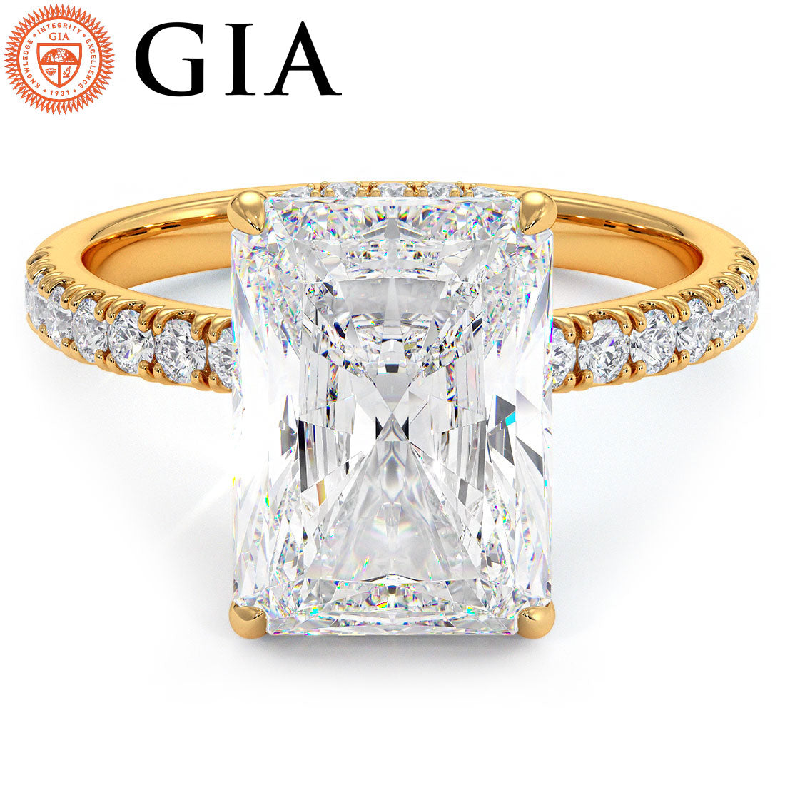 4.83ctw GIA Certified E-VVS2 Radiant Cut Under Halo Petite Micropavé Lab Grown Diamond Engagement Ring set in 14k Yellow Gold