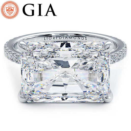 5.70ctw GIA Certified E-VS2 Radiant Cut East to West Petite Micropavé Lab Grown Diamond Engagement Ring set in 14k White Gold