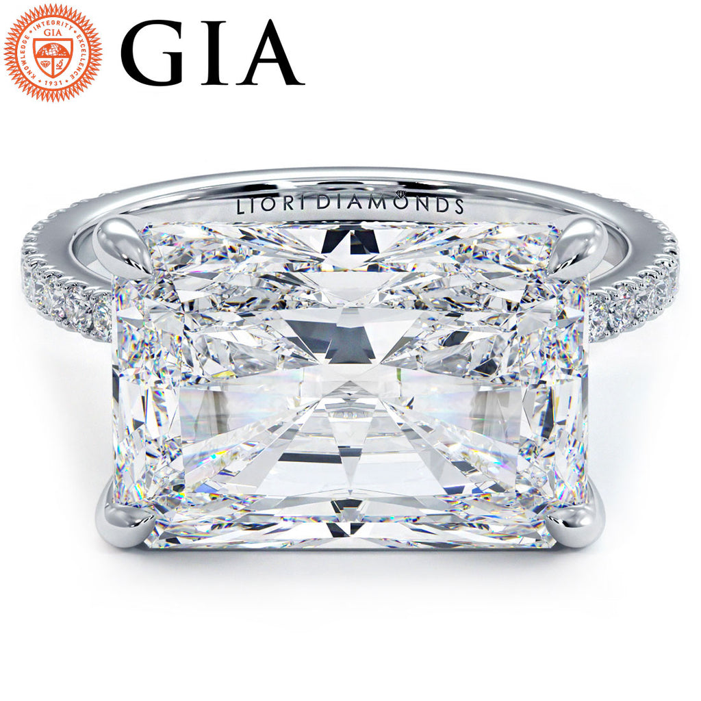 4.81ctw GIA Certified E-VS1 Radiant Cut East to West Petite Micropavé Lab Grown Diamond Engagement Ring set in 14k White Gold