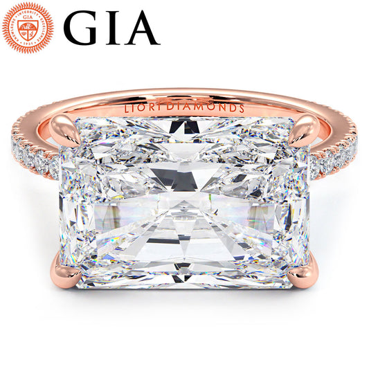 4.81ctw GIA Certified E-VS1 Radiant Cut East to West Petite Micropavé Lab Grown Diamond Engagement Ring set in 14k Rose Gold