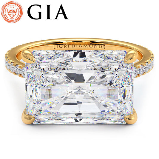 4.81ctw GIA Certified E-VS1 Radiant Cut East to West Petite Micropavé Lab Grown Diamond Engagement Ring set in 14k Yellow Gold