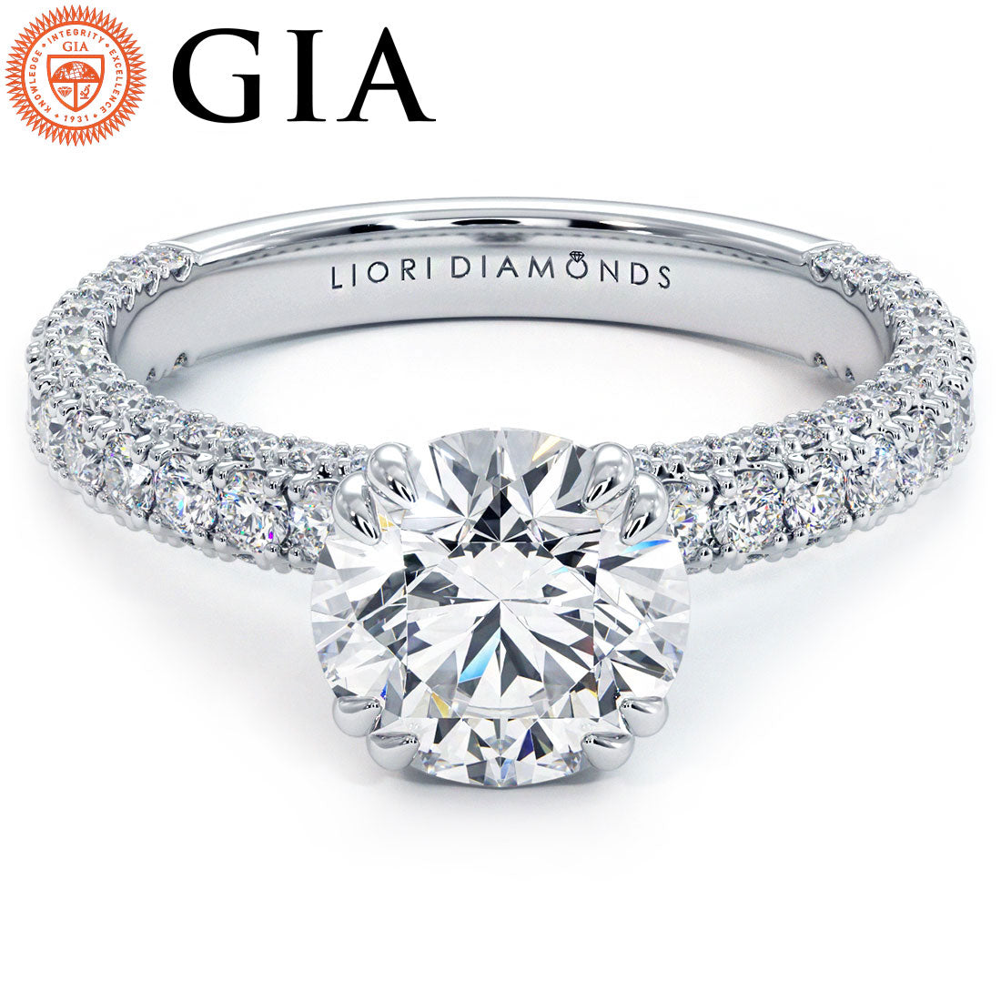 2.40ctw GIA Certified Round Brilliant 3D Micropavé Shank Lab Grown Diamond Engagement Ring set in 18k White Gold