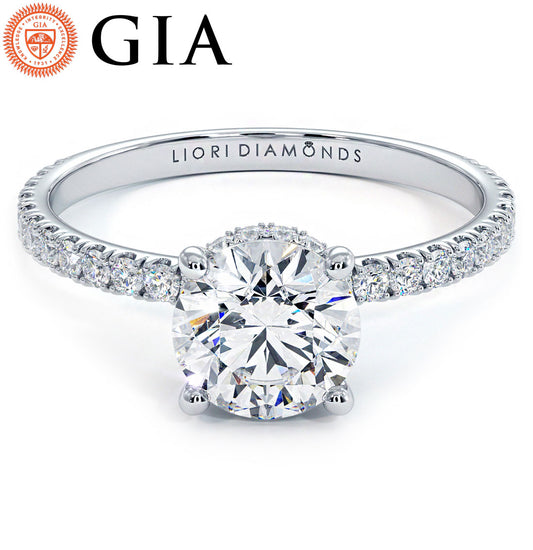 1.33ctw GIA Certified Round Brilliant Under Halo Petite Micropavé Lab Grown Diamond Engagement Ring set in 14k White Gold