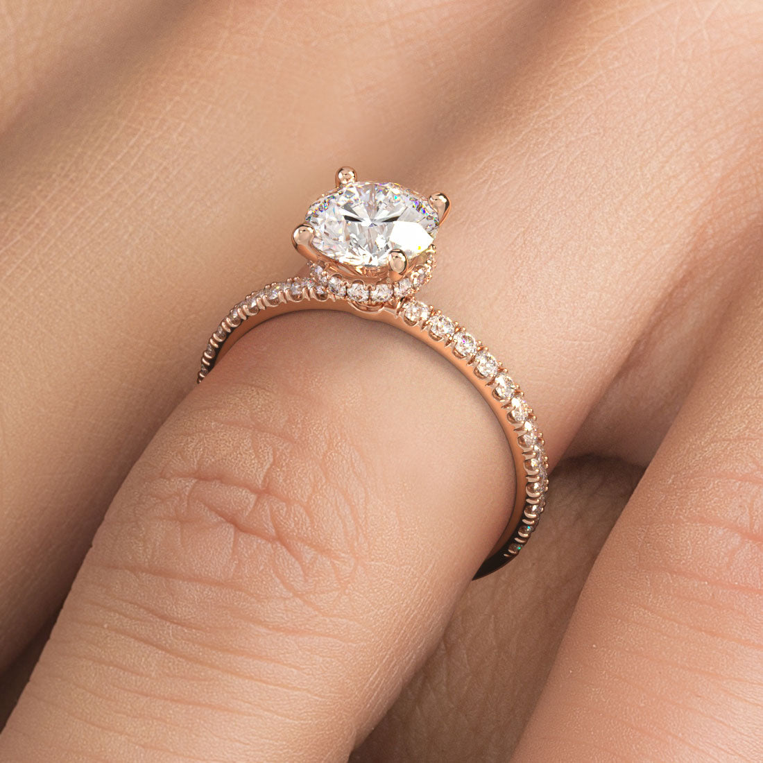 1.33ctw GIA Certified Round Brilliant Under Halo Petite Micropavé Lab Grown Diamond Engagement Ring set in 14k Rose Gold