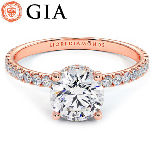 1.33ctw GIA Certified Round Brilliant Under Halo Petite Micropavé Lab Grown Diamond Engagement Ring set in 14k Rose Gold